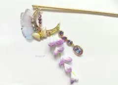 三日月✕つまみ細工 藤の花 ❀ 蝶々の和風かんざし 簪