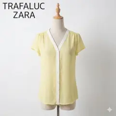 ZARA TRAFALUC 半袖Vネックブラウス イエロー×白バイカラー S