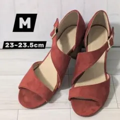 スエード調 ストラップサンダル 赤オレンジ M レディース 太ヒール