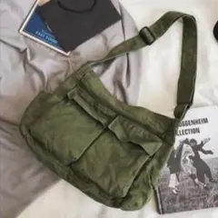 ニュースペーパーバッグ　ショルダーバッグ　カーキ キャンバス　バッグ　通勤通学