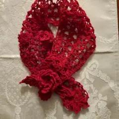 ハンドメイド 赤い花モチーフ クロシェ編みスヌードのサムネイル