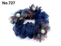 ハンドメイド お花 シュシュ ヘアゴム フラワー ビーズ ブルー727