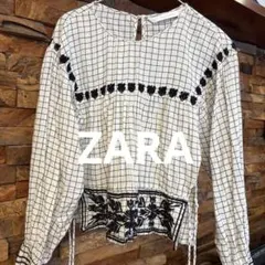 ZARA チェック柄刺繍入り長袖ブラウス XS