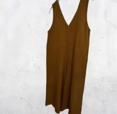 ブラウン Vネック オールインワン サロペット ゆったり フリーサイズ