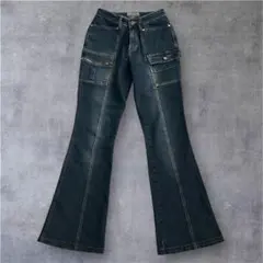 00's ギミック デニム フレアパンツ カーゴ ジップフライ S y2k 平成