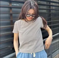 しまむら ぷーさん 細ボーダーストレッチミニTシャツ 淡茶　　　　　ブラウン　Lのサムネイル
