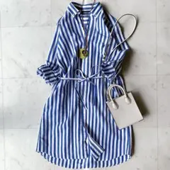 ジムフレックス　コットンリネンシャツワンピース　ロングシャツ　ブルーストライプ