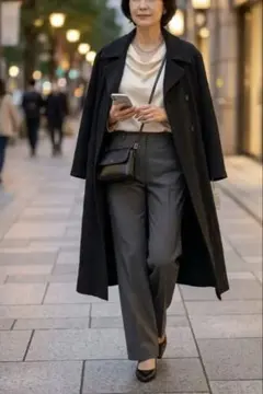 【新品・日本製】レディース楊柳風ロングコート　裏なし　ミセス　フリー　ブラック