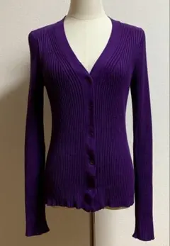 リブ編み紫色長袖カーディガン