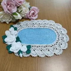 ハンドメイド レース編み 白バラの楕円形ドイリー