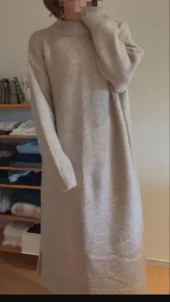 【着画あり】ベージュ ロングニットセーター