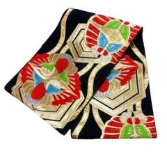 【美品】鶴　蝶　正絹　袋帯　成人式　振袖　帯　金　着物　アンティーク　レトロ
