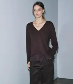 ZARA レース付きコントラストTシャツ　ブラウン　M
