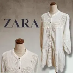 ザラ/ZARA　チュニック風　リネン混　レース　ひざ丈　シャツワンピース　M