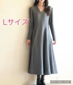 ポンチ素材Vネックゴアードワンピース　Lサイズ　グレー