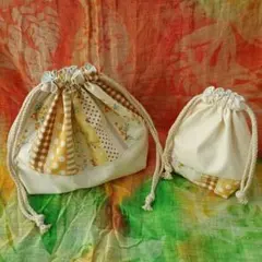 お弁当袋＆コップ袋　2点セット　花柄　パッチワーク風　イエロー