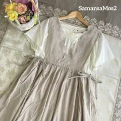 サマンサモスモス　新品✨　スカラップレース刺繍　リボン　リネン　ワンピース