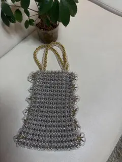 ビーズハンドバッグ 透明・金色