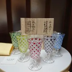 江戸切子 堀口硝子 秀石被籠目文 リキュール杯 薄瑠璃 紫 金赤 若草 緑 