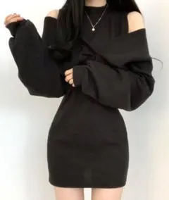 ZOZOTOWN riff ブラック黒のオフショルダー ニットワンピース