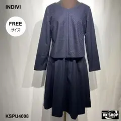 INDIVI インディヴィ ワンピース Vネック 長袖 ストライプ 切替デザイン