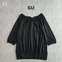 GU　薄手ボートネック　七分袖　タック入りトップス　黒　M