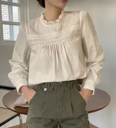 綿100％ フリルネック 長袖レースブラウス Lサイズ