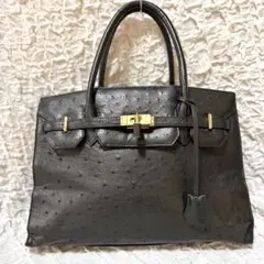オーストリッチ　カデナ　ゴールド金具　鍵付　ハンドバッグ　ブラック　A4可