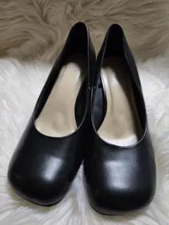 ブラック 合成皮革 太ヒール パンプス　Lサイズ
