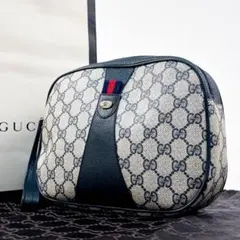 【美品】グッチ セカンドバッグ アクセコ GGスプリーム シェリーライン 紺色
