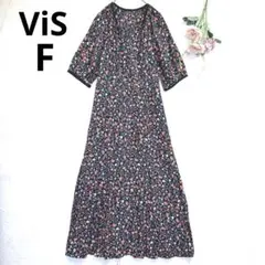ビス　ロングワンピース　花柄　フレア　マキシ丈　Vネック　リボン　七分袖　黒　F
