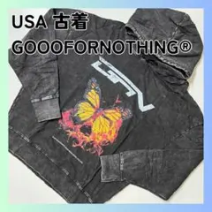 美品　USA 古着　パーカー　ダメージ加工　バタフライ　ブラック　XLサイズのサムネイル