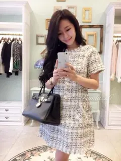 韓国製　ホワイトツイードワンピース