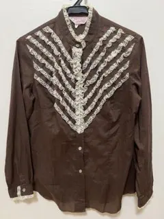 ブラウン フリル付き 長袖シャツ　古着