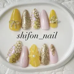ネイルチップ　袴振袖成人式卒業式結婚式　ピンク　黄色マグネットぷっくりフラワー