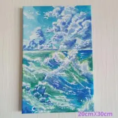 青と緑の夏の海✨風景画アクリル原画キャンバス生地