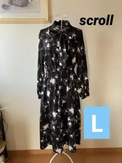【美品】花柄リボンタイ付き　長袖ワンピース ブラック　L ウエストゴム　生協