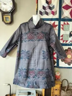 大島紬着物リメイク　スタンドカラー チュニックワンピース