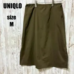 【UNIQLO】膝丈スカート カーキ テック スリット ワーク M 無地 春 夏