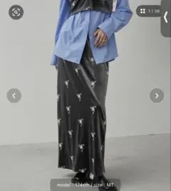 フラワー刺繍ベロアナロースカート　チャコールグレー