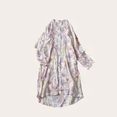 ローラアシュレイ ノーカラーシャツワンピース 花柄 ルームウェア コットン 薄手