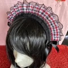 【レッド×ブラック×ホワイトチェック】メイドカチューシャ【手作り】