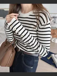 袖ボタン無地ボーダー長袖リブニットトップス