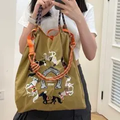 【Lサイズ】 【馬柄/マスタード】刺繍バッグ エコバッグ　ボールアンドチェーン