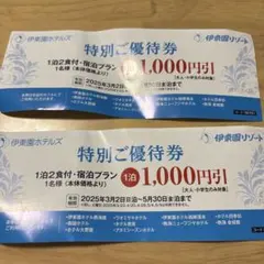 【匿名配送】伊東園ホテルズ 特別ご優待券2枚セット　1泊1,000円引×2