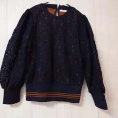 ネイビー レース バルーンスリーブ トップス
