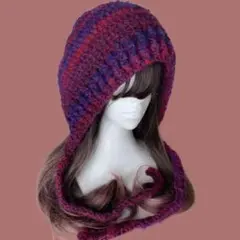 ボンネット 紫パープル赤紫 フード帽 ハンドメイド編み物帽子 韓国ガーリー系
