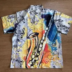 サックス＆音符柄 総柄半袖シャツ XL カラフル アートデザインのサムネイル