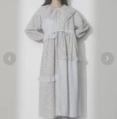 花柄チェックパッチワーク長袖ワンピース