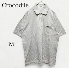 965【クロコダイル】半袖ポロシャツ 総柄 ワニ刺繍 ワッペン グレー M 古着